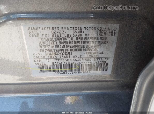 3N1AB8CV2NY243281 2022 NISSAN SENTRA Gray ძრავის განყოფილების ხედი