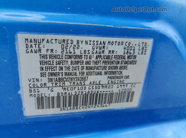 3N1AB8CV2NY243667 2022 NISSAN SENTRA Синий Вид подкапотного пространства