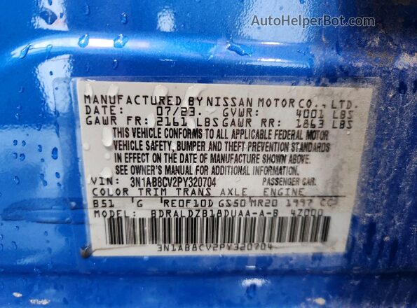 3N1AB8CV2PY320704 2023 NISSAN SENTRA Blue ძრავის განყოფილების ხედი