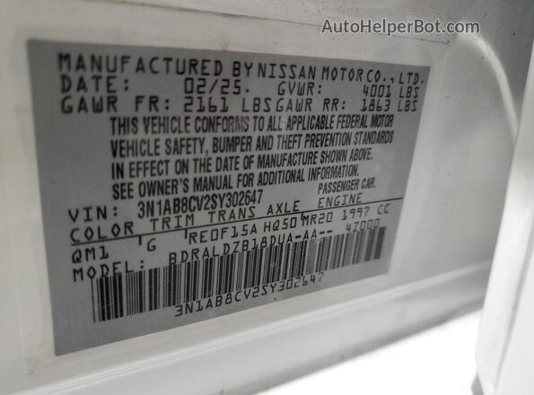 3N1AB8CV2SY302647 2025 NISSAN SENTRA White VIN კოდის სტიკერის ხედი