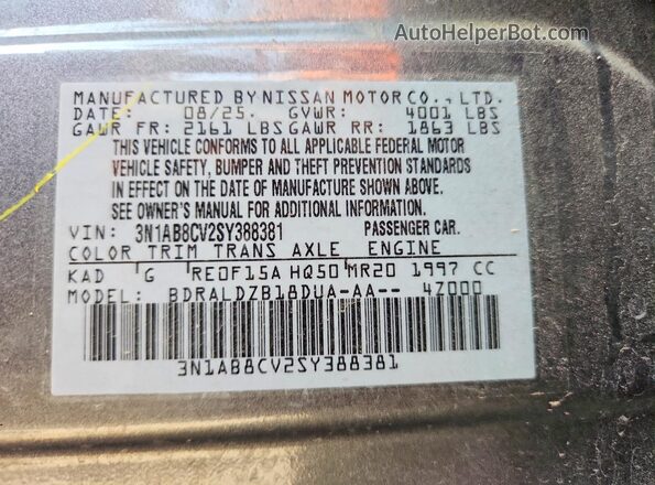 3N1AB8CV2SY388381 2025 NISSAN SENTRA Gray Vista de la etiqueta del VIN