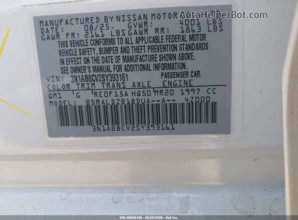 3N1AB8CV2SY393161 2025 NISSAN SENTRA White Vista del compartimento del motor