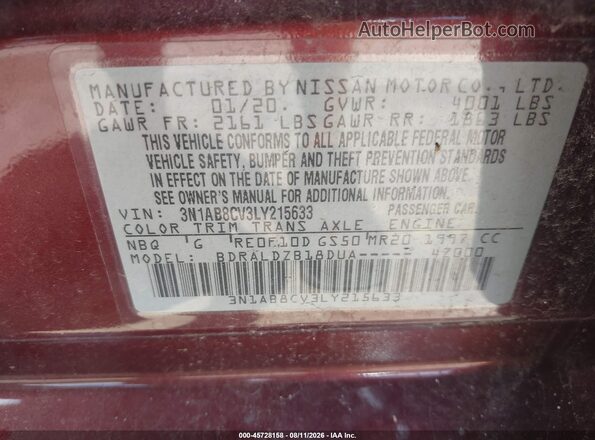 3N1AB8CV3LY215633 2020 NISSAN SENTRA Бордовый Вид подкапотного пространства