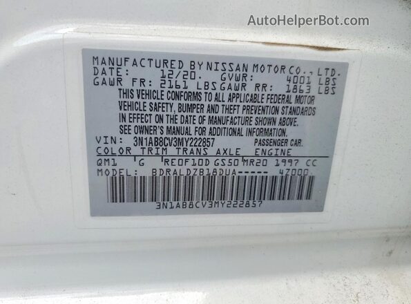 3N1AB8CV3MY222857 2021 NISSAN SENTRA White Widok naklejki z numerem VIN