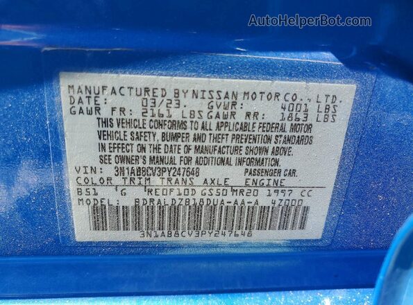 3N1AB8CV3PY247648 2023 NISSAN SENTRA Blue ძრავის განყოფილების ხედი