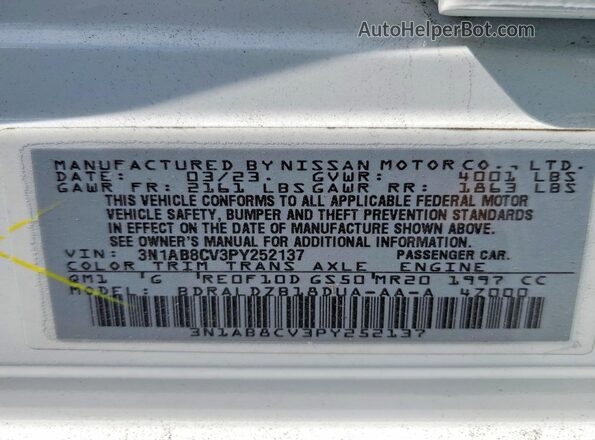 3N1AB8CV3PY252137 2023 NISSAN SENTRA Белый Вид наклейки с VIN-кодом