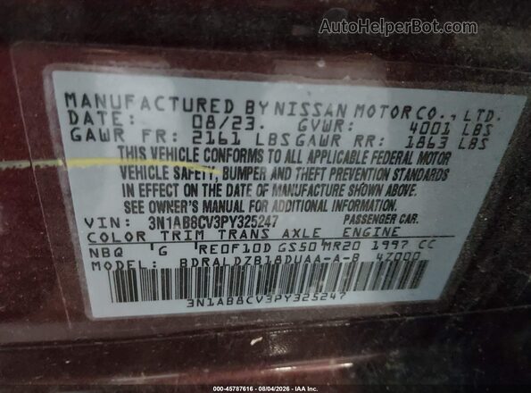 3N1AB8CV3PY325247 2023 NISSAN SENTRA Maroon Widok komory silnika