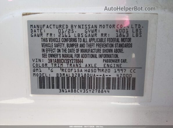 3N1AB8CV3SY278844 2025 NISSAN SENTRA Белый Вид подкапотного пространства