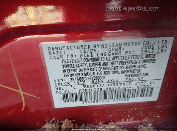 3N1AB8CV3SY289908 2025 NISSAN SENTRA Red Engine compartment view