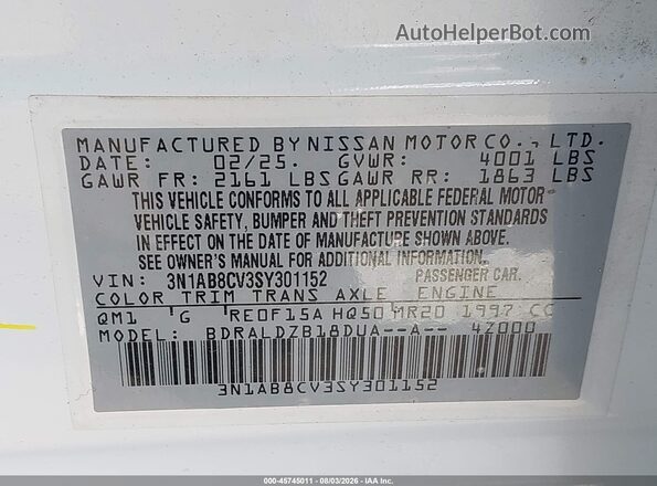 3N1AB8CV3SY301152 2025 NISSAN SENTRA White Vista del compartimento del motor