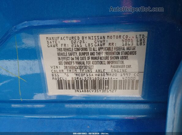 3N1AB8CV3SY301927 2025 NISSAN SENTRA Blue Vista del compartimento del motor