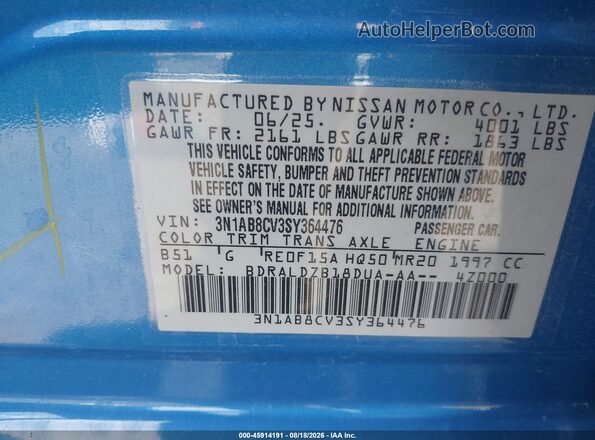 3N1AB8CV3SY364476 2025 NISSAN SENTRA Blue Շարժիչի բաժամունքի տեսք