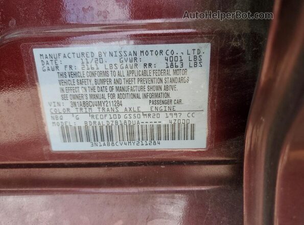 3N1AB8CV4MY211284 2021 NISSAN SENTRA Maroon Vista del compartimento del motor