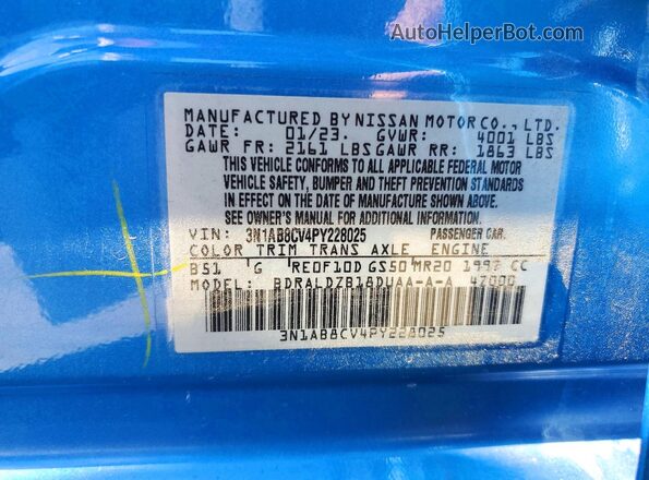 3N1AB8CV4PY228025 2023 NISSAN SENTRA Blue Vista de la etiqueta del VIN