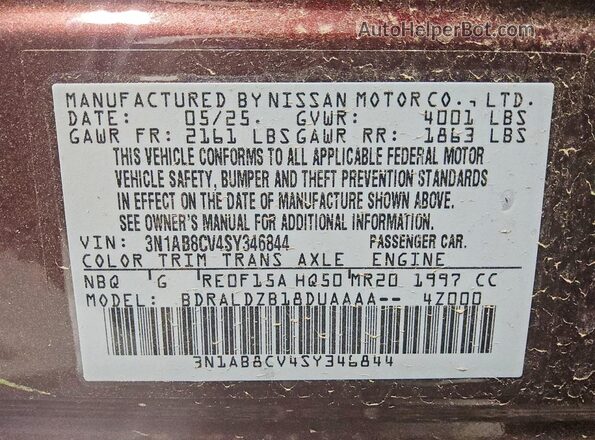 3N1AB8CV4SY346844 2025 NISSAN SENTRA Burgundy Widok naklejki z numerem VIN