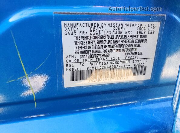3N1AB8CV4SY389760 2025 NISSAN SENTRA Blue Widok komory silnika
