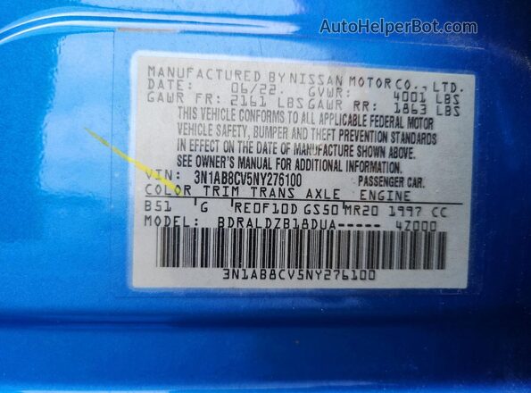 3N1AB8CV5NY276100 2022 NISSAN SENTRA Blue VIN sticker view