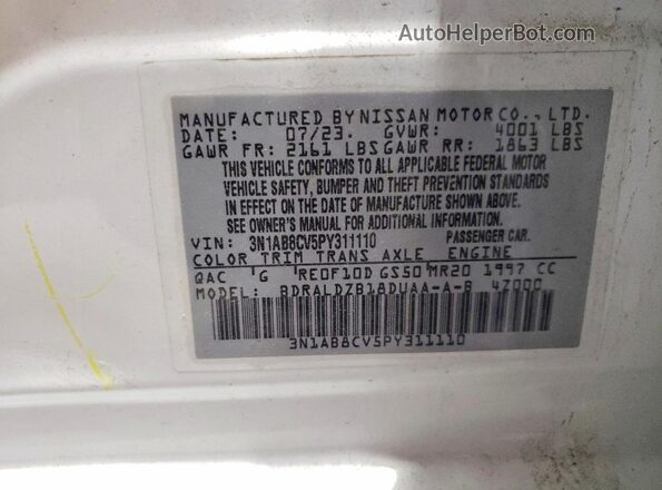 3N1AB8CV5PY311110 2023 NISSAN SENTRA White Widok naklejki z numerem VIN