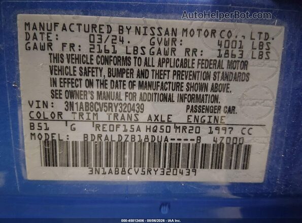 3N1AB8CV5RY320439 2024 NISSAN SENTRA Blue Вид підкапотного простору