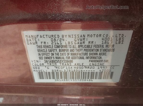 3N1AB8CV5SY208486 2025 NISSAN SENTRA Красный Вид подкапотного пространства