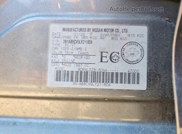 3N1AB8CV6LY211804 2020 NISSAN SENTRA Gray Vista de la etiqueta del VIN
