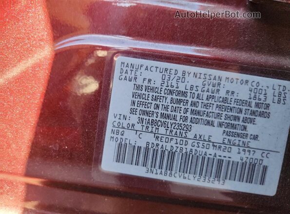 3N1AB8CV6LY235293 2020 NISSAN SENTRA Burgundy Widok naklejki z numerem VIN