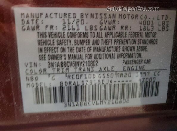 3N1AB8CV6MY210802 2021 NISSAN SENTRA Burgundy VIN sticker view