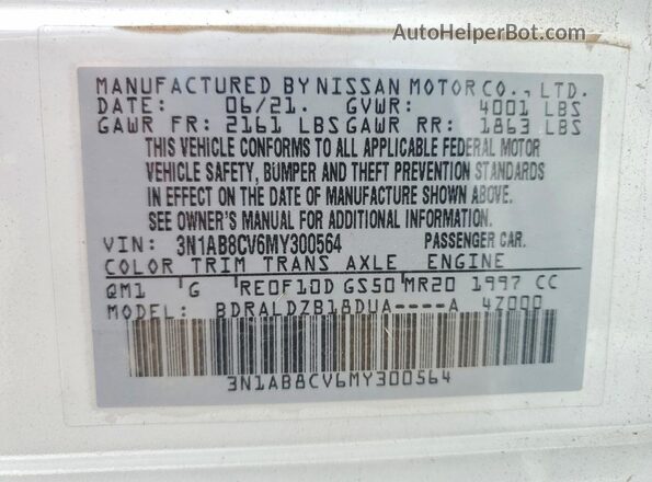3N1AB8CV6MY300564 2021 NISSAN SENTRA Белый Вид наклейки с VIN-кодом