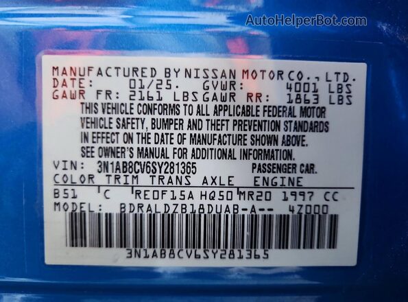 3N1AB8CV6SY281365 2025 NISSAN SENTRA Blue ძრავის განყოფილების ხედი