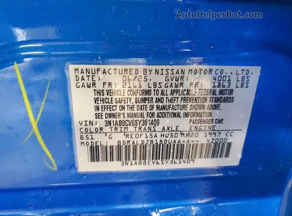3N1AB8CV6SY361409 2025 NISSAN SENTRA Синий Вид наклейки с VIN-кодом