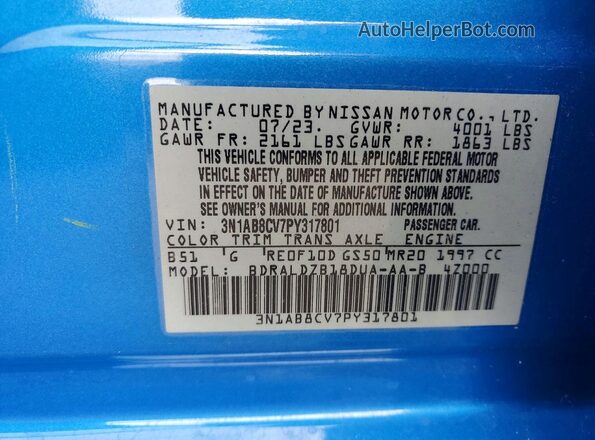 3N1AB8CV7PY317801 2023 NISSAN SENTRA Blue Շարժիչի բաժամունքի տեսք