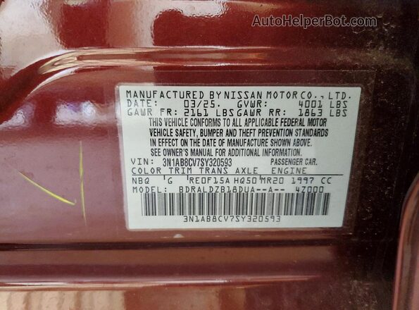 3N1AB8CV7SY320593 2025 NISSAN SENTRA Burgundy VIN კოდის სტიკერის ხედი