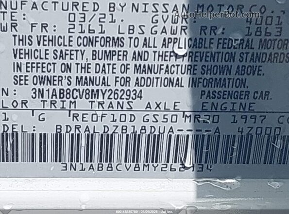 3N1AB8CV8MY262934 2021 NISSAN SENTRA White Engine compartment view