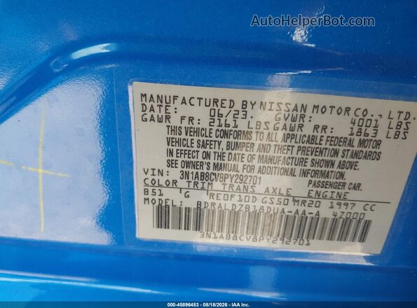 3N1AB8CV8PY292701 2023 NISSAN SENTRA Blue Вид підкапотного простору