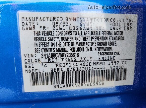 3N1AB8CV8RY205818 2024 NISSAN SENTRA Blue VIN կոդի պիտակի տեսք