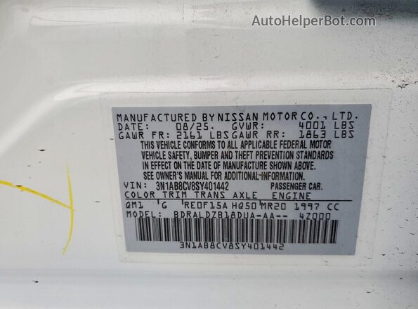 3N1AB8CV8SY401442 2025 NISSAN SENTRA White ძრავის განყოფილების ხედი