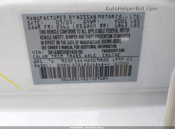 3N1AB8CV8SY409184 2025 NISSAN SENTRA White Widok komory silnika