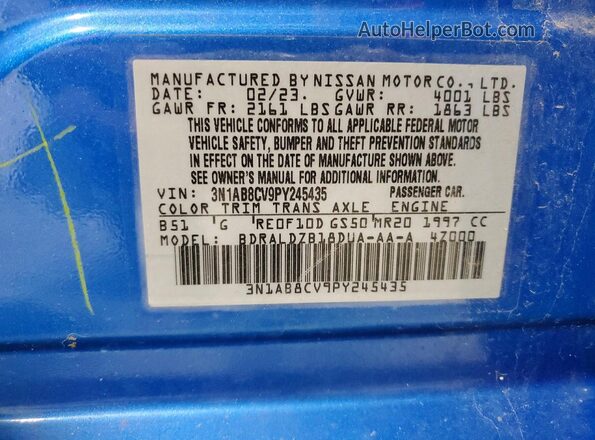 3N1AB8CV9PY245435 2023 NISSAN SENTRA Blue Вид наклейки з VIN-кодом