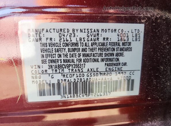 3N1AB8CV9PY266317 2023 NISSAN SENTRA Red ძრავის განყოფილების ხედი