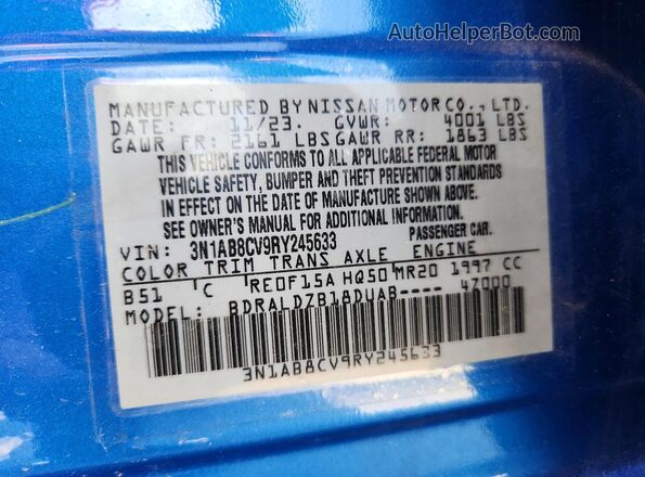3N1AB8CV9RY245633 2024 NISSAN SENTRA Blue VIN կոդի պիտակի տեսք