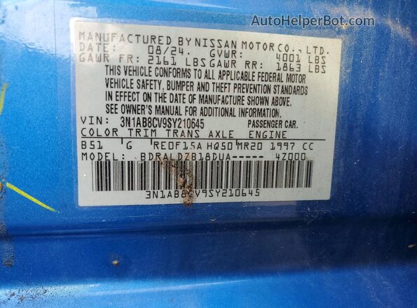 3N1AB8CV9SY210645 2025 NISSAN SENTRA Синий Вид наклейки с VIN-кодом