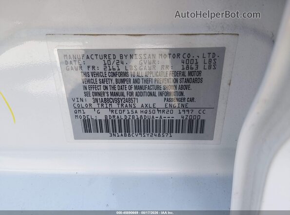 3N1AB8CV9SY248571 2025 NISSAN SENTRA White Շարժիչի բաժամունքի տեսք