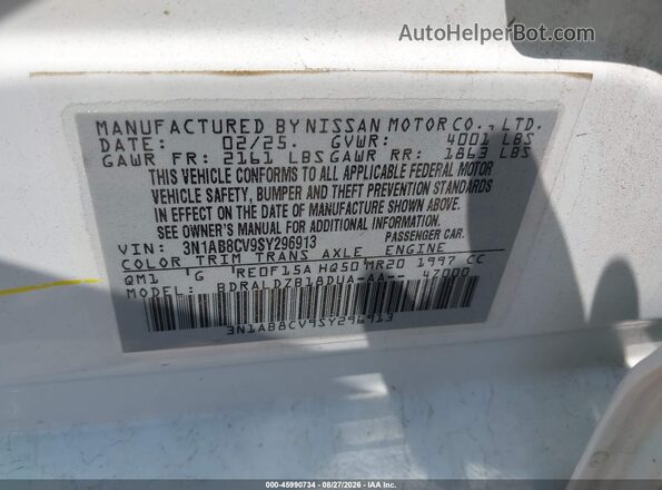 3N1AB8CV9SY296913 2025 NISSAN SENTRA White Widok komory silnika