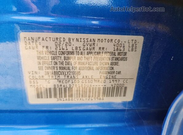 3N1AB8CVXLY219985 2020 NISSAN SENTRA Blue Widok komory silnika