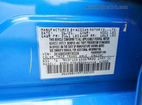 3N1AB8CVXMY302334 2021 NISSAN SENTRA Blue Engine compartment view