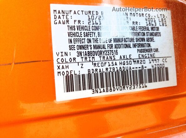 3N1AB8DV0RY237516 2024 NISSAN SENTRA Orange VIN კოდის სტიკერის ხედი