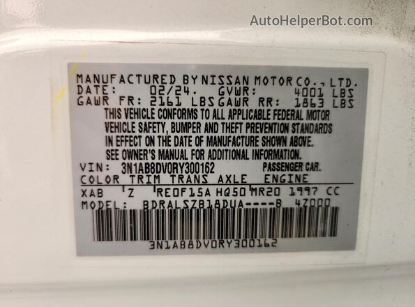 3N1AB8DV0RY300162 2024 NISSAN SENTRA White Widok naklejki z numerem VIN
