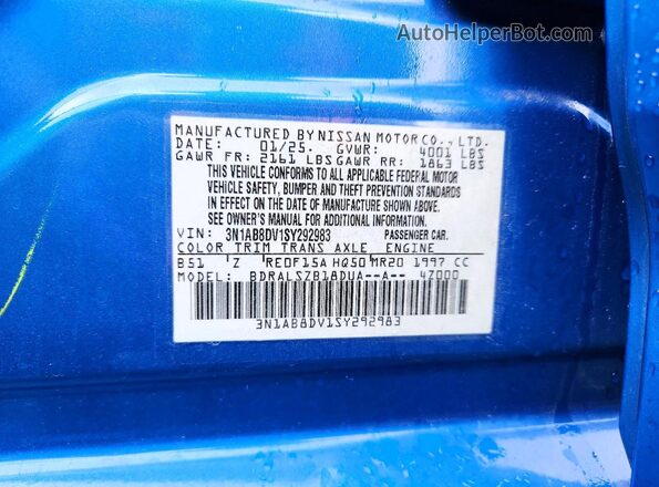 3N1AB8DV1SY292983 2025 NISSAN SENTRA Blue Widok komory silnika