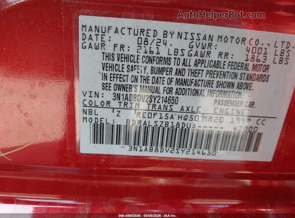 3N1AB8DV2SY214650 2025 NISSAN SENTRA Red ძრავის განყოფილების ხედი