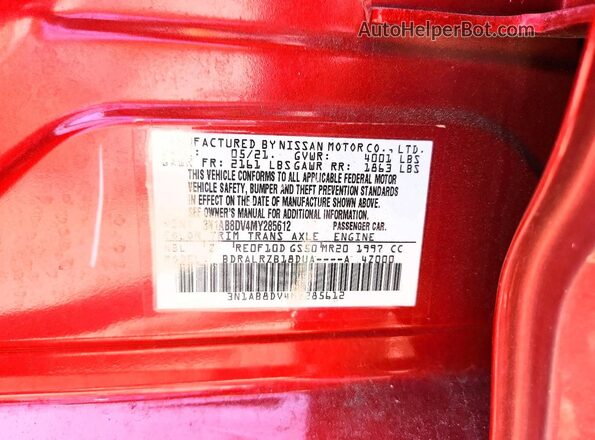 3N1AB8DV4MY285612 2021 NISSAN SENTRA Red Вид підкапотного простору